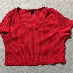 SHEIN Orange Ribbed V-Neck Crop Top